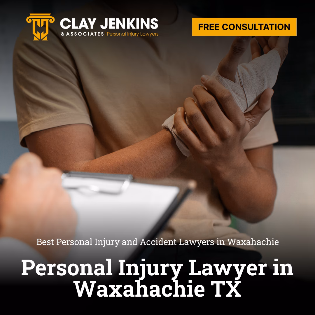 Person with arm injury wrapped in bandage consulting with lawyer, Clay Jenkins & Associates logo and free consultation offer displayed
