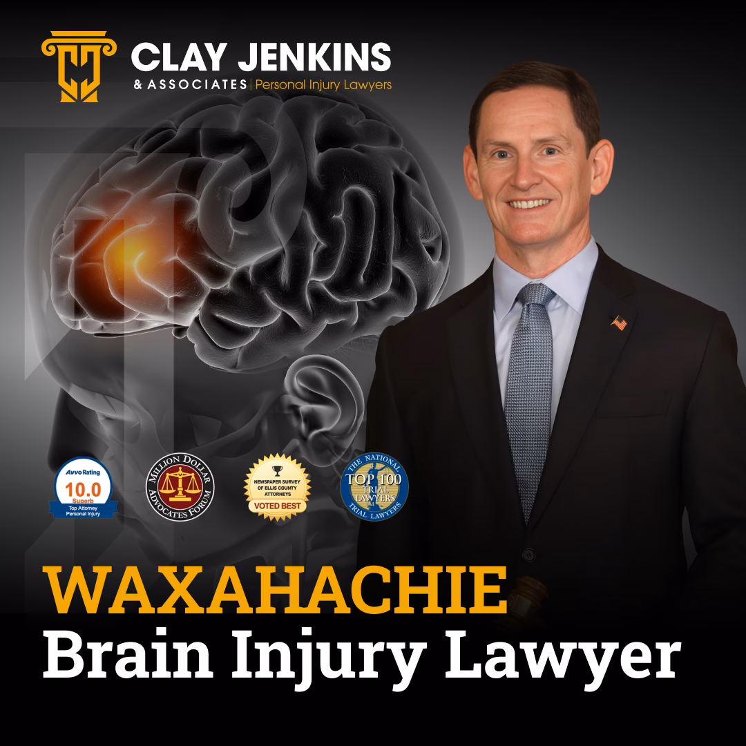 Professional male attorney in business suit with brain illustration and awards, Clay Jenkins & Associates Waxahachie Brain Injury Lawyer