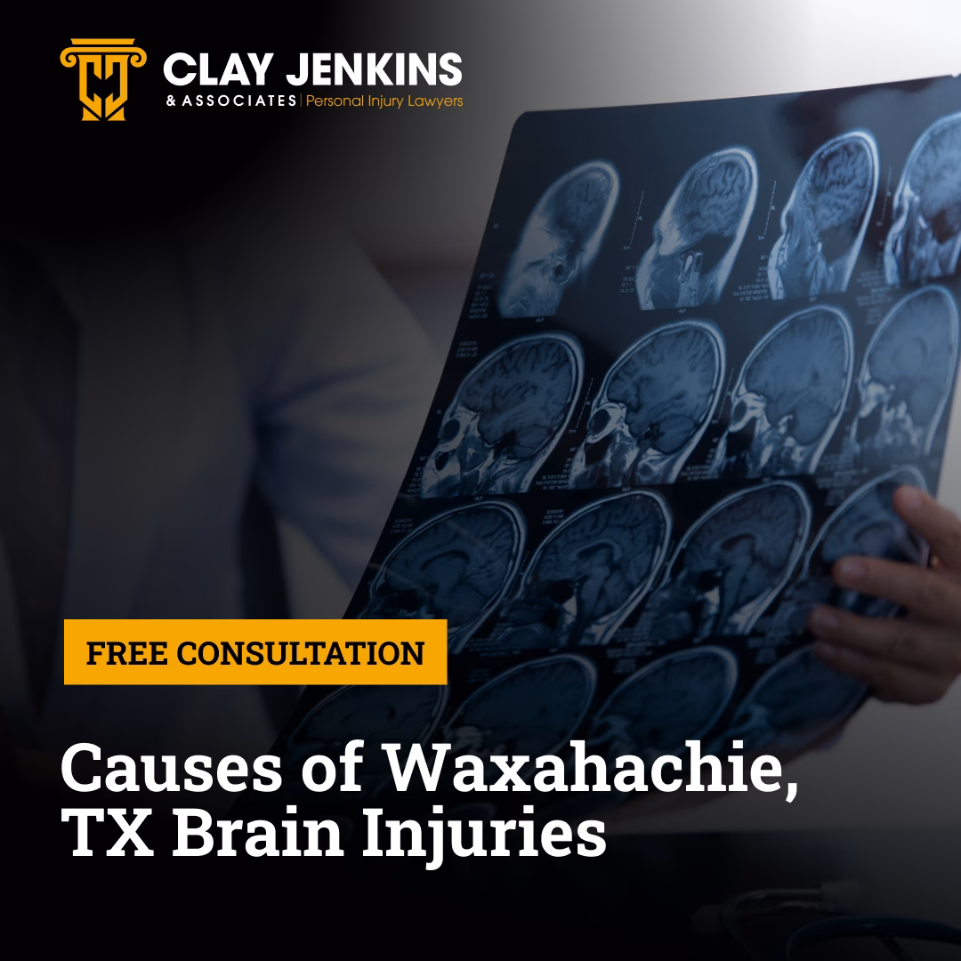 Medical professional holding brain MRI scans with Clay Jenkins & Associates logo and free consultation offer