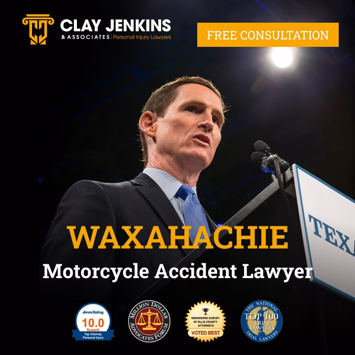 Clay Jenkins & Associates lawyer at podium with Waxahachie Motorcycle Accident Lawyer text and professional ratings badges